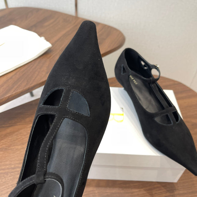THE ROW 26S POINTED TOE T STRAP PUMPS 35MM IN BLACK SUEDE