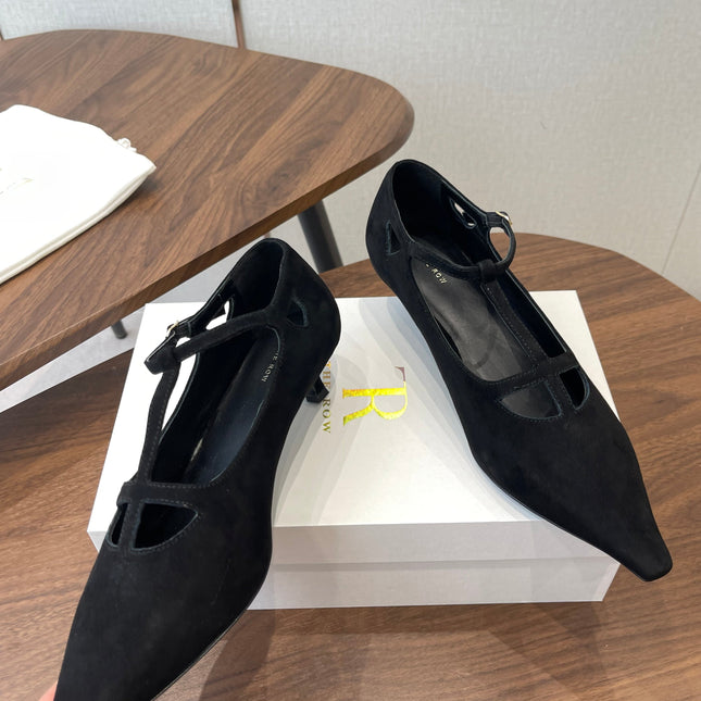 THE ROW 26S POINTED TOE T STRAP PUMPS 35MM IN BLACK SUEDE