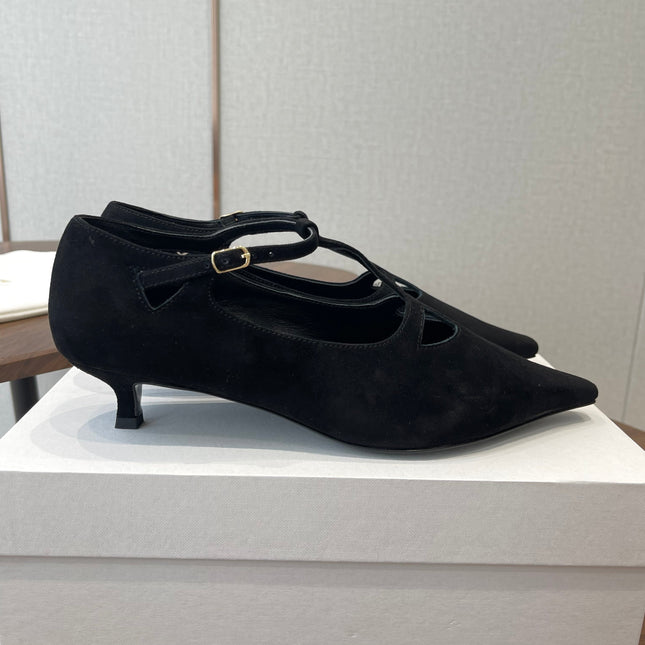 THE ROW 26S POINTED TOE T STRAP PUMPS 35MM IN BLACK SUEDE