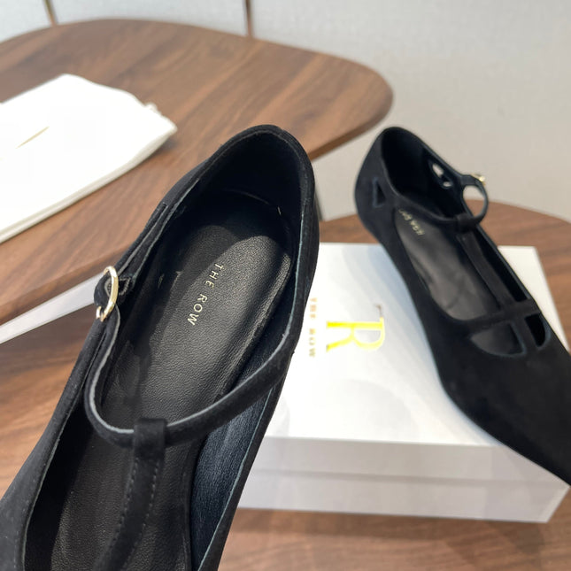 THE ROW 26S POINTED TOE T STRAP PUMPS 35MM IN BLACK SUEDE