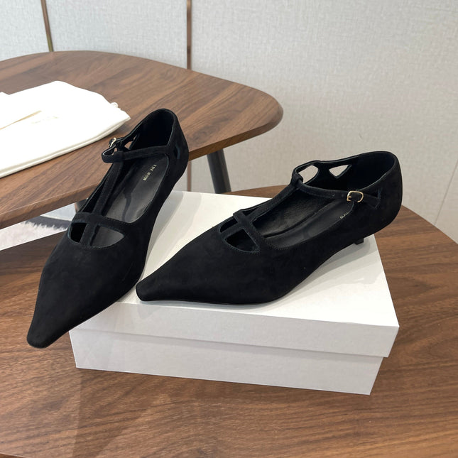 THE ROW 26S POINTED TOE T STRAP PUMPS 35MM IN BLACK SUEDE