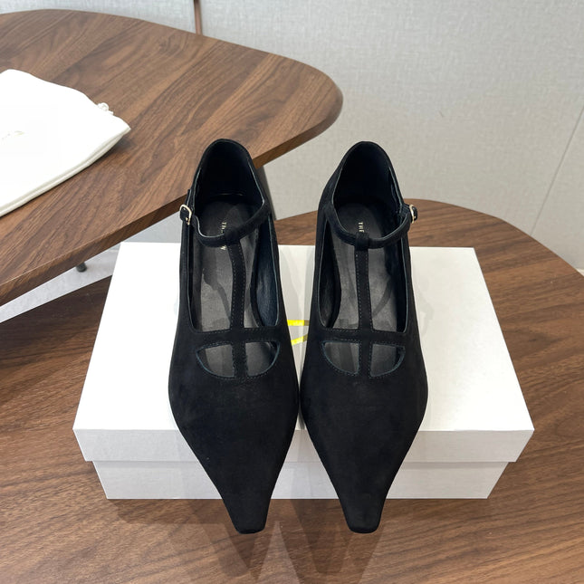 THE ROW 26S POINTED TOE T STRAP PUMPS 35MM IN BLACK SUEDE