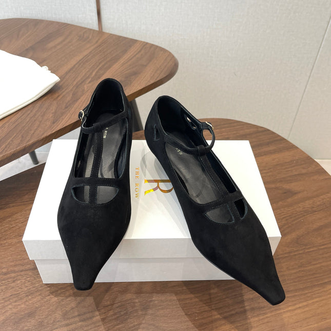 THE ROW 26S POINTED TOE T STRAP PUMPS 35MM IN BLACK SUEDE
