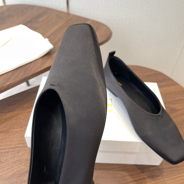 THE ROW 26S SQUARE TOE BALLET FLATS IN BLACK SATIN