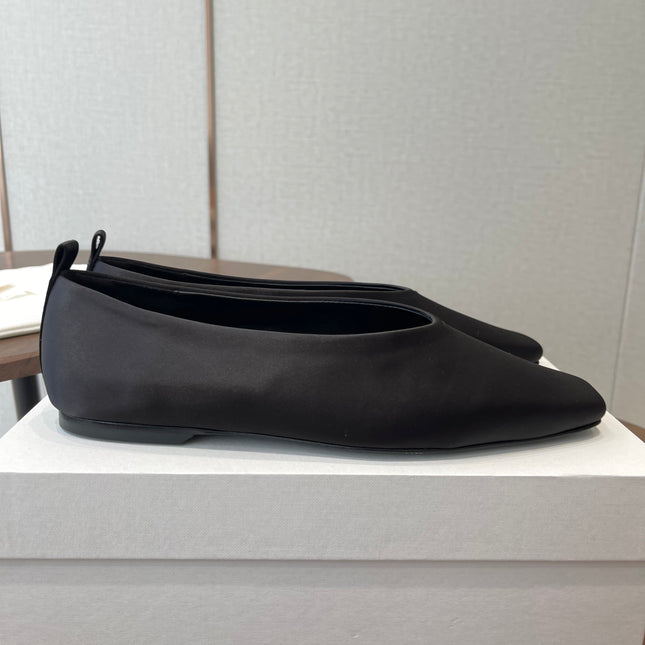 THE ROW 26S SQUARE TOE BALLET FLATS IN BLACK SATIN