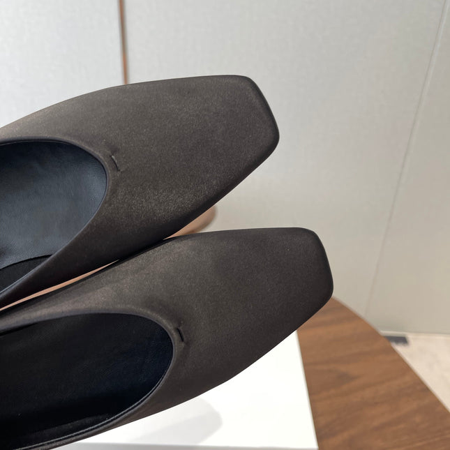THE ROW 26S SQUARE TOE BALLET FLATS IN BLACK SATIN