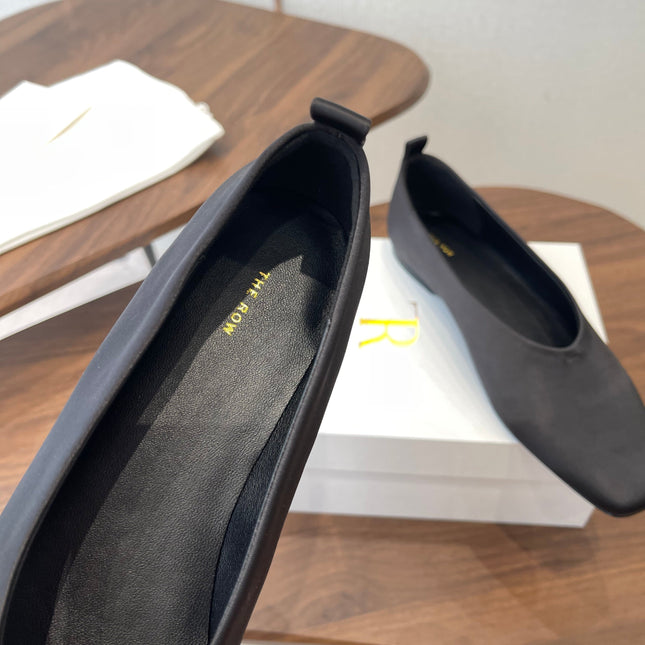 THE ROW 26S SQUARE TOE BALLET FLATS IN BLACK SATIN