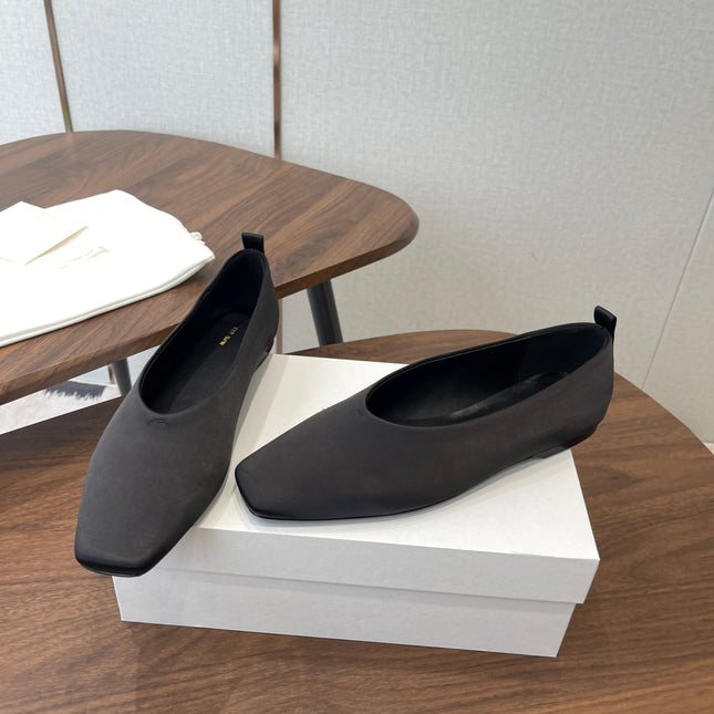 THE ROW 26S SQUARE TOE BALLET FLATS IN BLACK SATIN