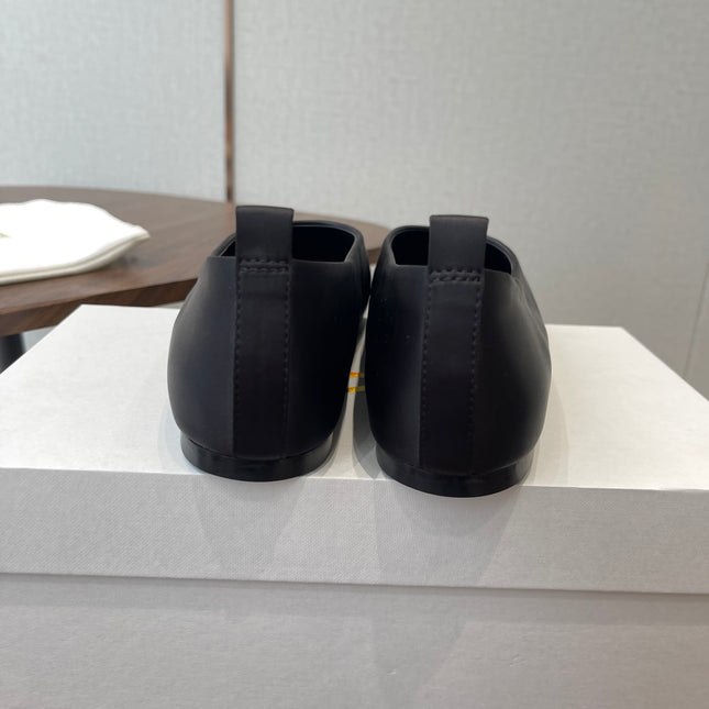 THE ROW 26S SQUARE TOE BALLET FLATS IN BLACK SATIN