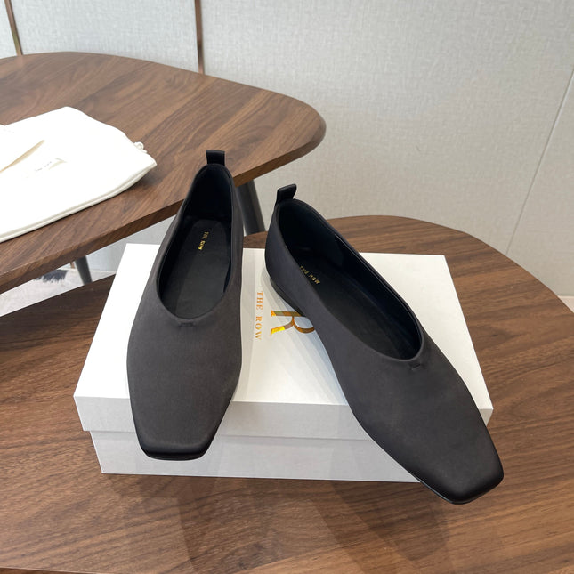 THE ROW 26S SQUARE TOE BALLET FLATS IN BLACK SATIN