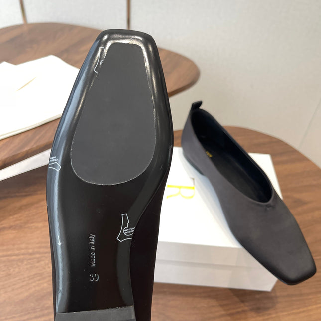 THE ROW 26S SQUARE TOE BALLET FLATS IN BLACK SATIN