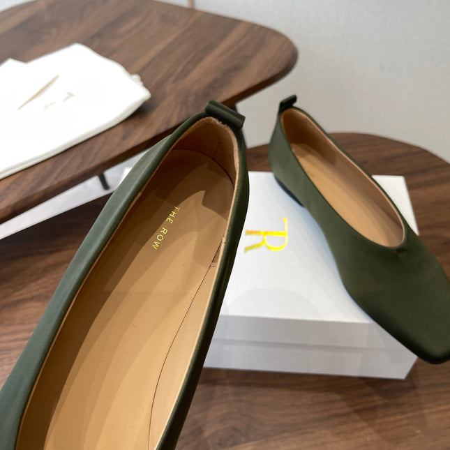 THE ROW 26S SQUARE TOE BALLET FLATS IN OLIVE GREEN SATIN