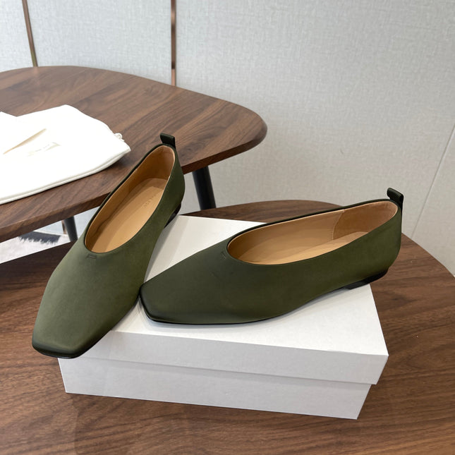 THE ROW 26S SQUARE TOE BALLET FLATS IN OLIVE GREEN SATIN