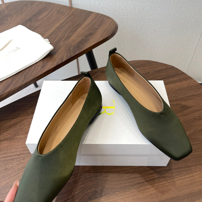 THE ROW 26S SQUARE TOE BALLET FLATS IN OLIVE GREEN SATIN