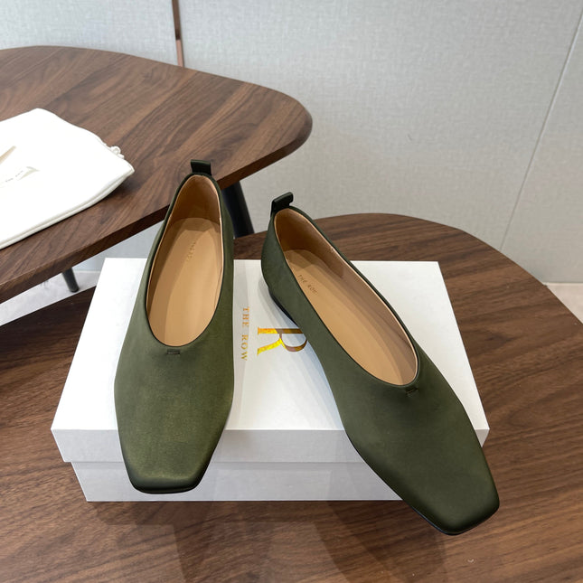 THE ROW 26S SQUARE TOE BALLET FLATS IN OLIVE GREEN SATIN