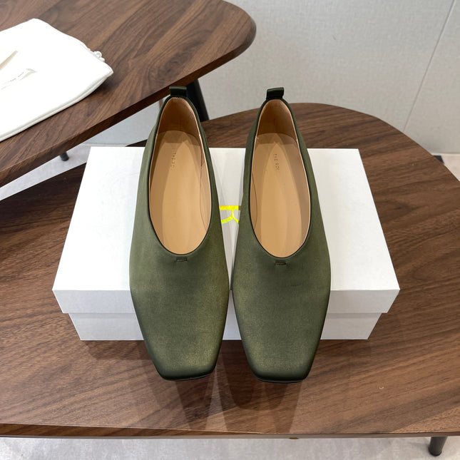 THE ROW 26S SQUARE TOE BALLET FLATS IN OLIVE GREEN SATIN