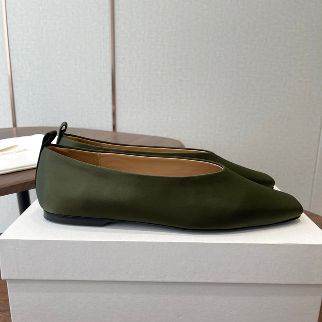 THE ROW 26S SQUARE TOE BALLET FLATS IN OLIVE GREEN SATIN