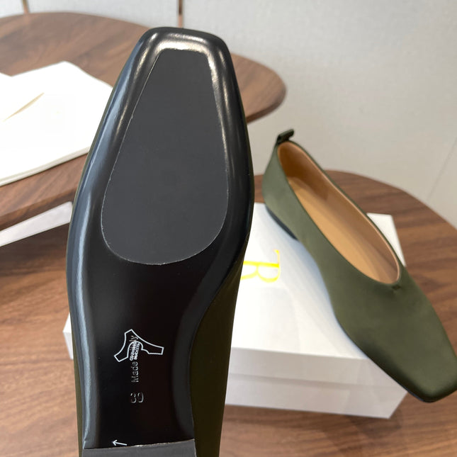 THE ROW 26S SQUARE TOE BALLET FLATS IN OLIVE GREEN SATIN
