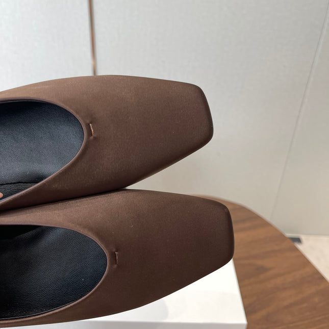 THE ROW 26S SQUARE TOE BALLET FLATS IN DARK BROWN SATIN