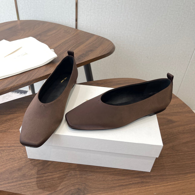THE ROW 26S SQUARE TOE BALLET FLATS IN DARK BROWN SATIN