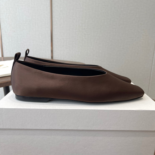 THE ROW 26S SQUARE TOE BALLET FLATS IN DARK BROWN SATIN