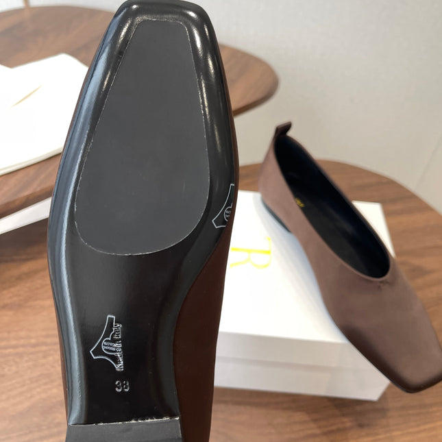 THE ROW 26S SQUARE TOE BALLET FLATS IN DARK BROWN SATIN