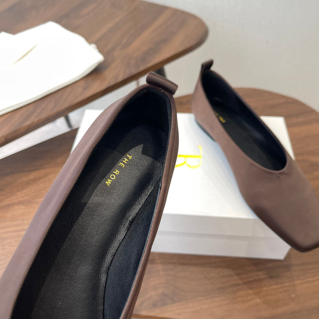 THE ROW 26S SQUARE TOE BALLET FLATS IN DARK BROWN SATIN