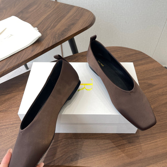 THE ROW 26S SQUARE TOE BALLET FLATS IN DARK BROWN SATIN