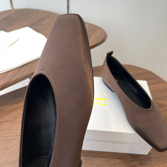 THE ROW 26S SQUARE TOE BALLET FLATS IN DARK BROWN SATIN