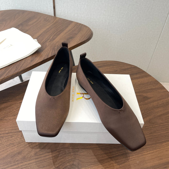 THE ROW 26S SQUARE TOE BALLET FLATS IN DARK BROWN SATIN