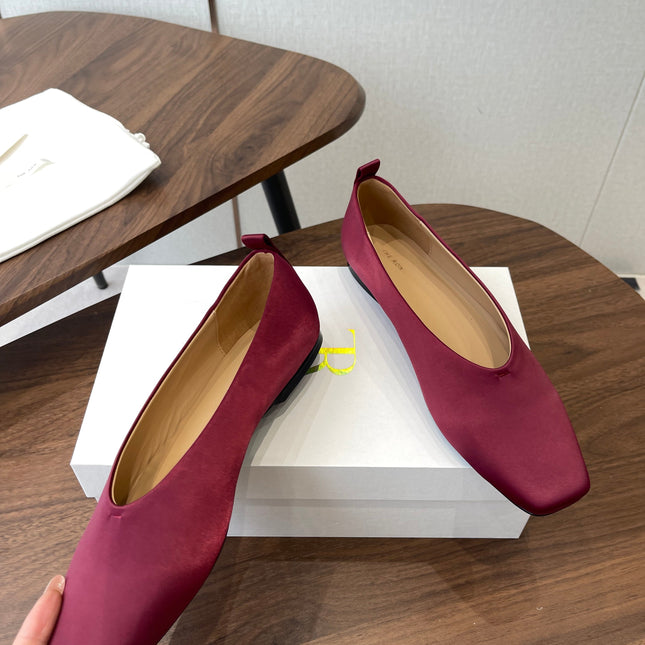 THE ROW 26S SQUARE TOE BALLET FLATS IN WINE RED SATIN
