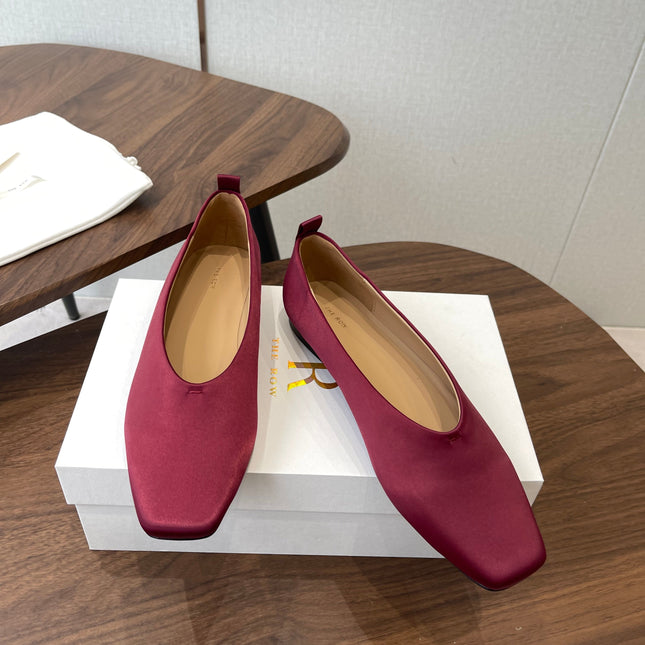 THE ROW 26S SQUARE TOE BALLET FLATS IN WINE RED SATIN