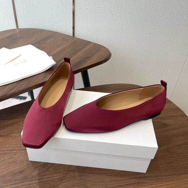 THE ROW 26S SQUARE TOE BALLET FLATS IN WINE RED SATIN