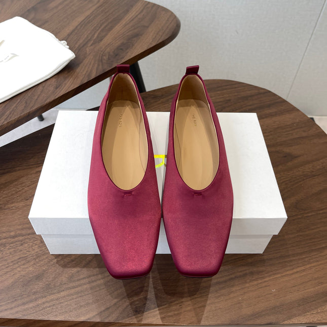 THE ROW 26S SQUARE TOE BALLET FLATS IN WINE RED SATIN