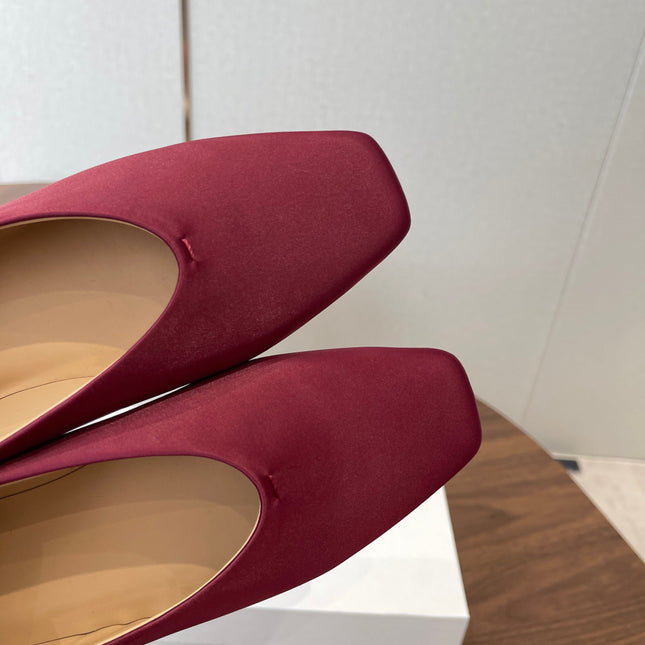 THE ROW 26S SQUARE TOE BALLET FLATS IN WINE RED SATIN