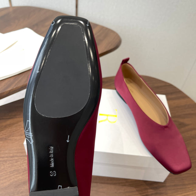 THE ROW 26S SQUARE TOE BALLET FLATS IN WINE RED SATIN