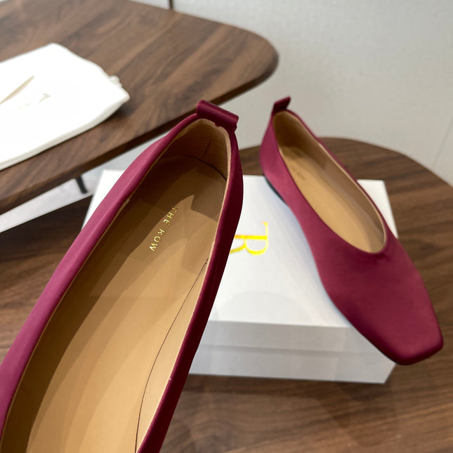 THE ROW 26S SQUARE TOE BALLET FLATS IN WINE RED SATIN