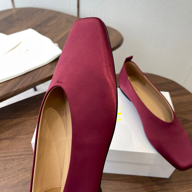THE ROW 26S SQUARE TOE BALLET FLATS IN WINE RED SATIN