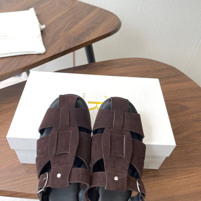 THE ROW 26S GLADIATOR SLIDE SANDALS IN DARK BROWN SUEDE