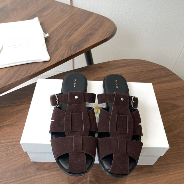 THE ROW 26S GLADIATOR SLIDE SANDALS IN DARK BROWN SUEDE