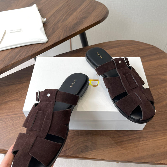 THE ROW 26S GLADIATOR SLIDE SANDALS IN DARK BROWN SUEDE