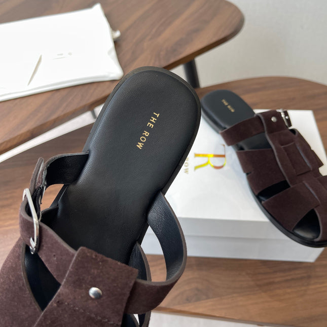 THE ROW 26S GLADIATOR SLIDE SANDALS IN DARK BROWN SUEDE