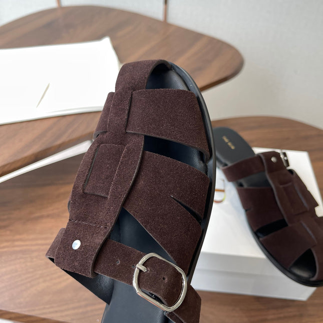 THE ROW 26S GLADIATOR SLIDE SANDALS IN DARK BROWN SUEDE