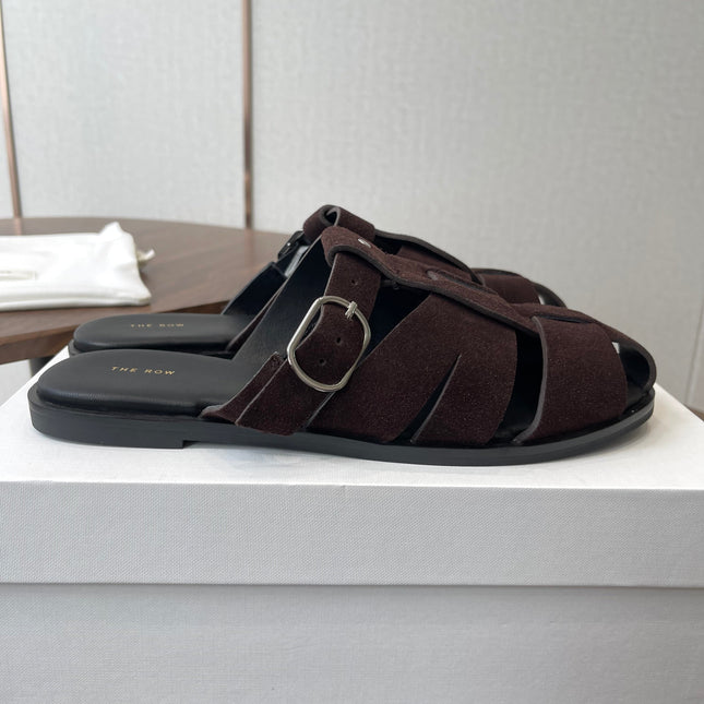 THE ROW 26S GLADIATOR SLIDE SANDALS IN DARK BROWN SUEDE