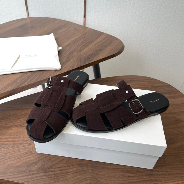 THE ROW 26S GLADIATOR SLIDE SANDALS IN DARK BROWN SUEDE