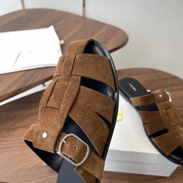 THE ROW 26S GLADIATOR SLIDE SANDALS IN BROWN SUEDE