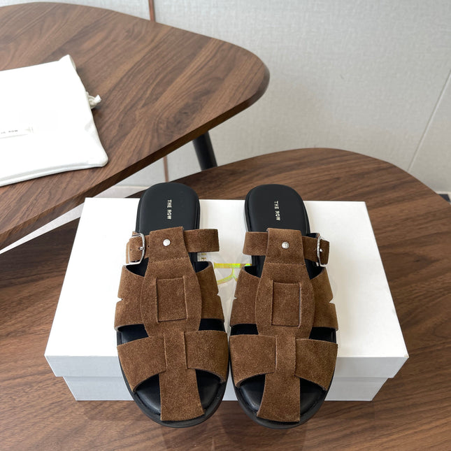 THE ROW 26S GLADIATOR SLIDE SANDALS IN BROWN SUEDE