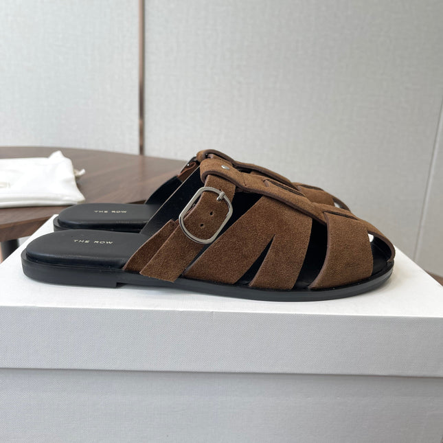 THE ROW 26S GLADIATOR SLIDE SANDALS IN BROWN SUEDE