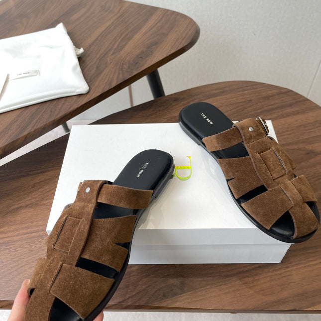 THE ROW 26S GLADIATOR SLIDE SANDALS IN BROWN SUEDE