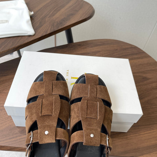 THE ROW 26S GLADIATOR SLIDE SANDALS IN BROWN SUEDE